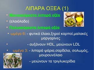ΛΙΠΑΡΑ ΟΞΕΑ (1)
●
    Μονοακόρεστα λιπαρά οξέα
●
    (ελαιόλαδο)
●
    Πολυακόρεστα λιπαρά οξέα
●
    ωμέγα 6: - φυτικά έλαια,ξηροί καρποί,μαλακές
                      μαργαρίνες
●
              - αυξάνουν HDL, μειώνουν LDL
●
     ωμέγα 3: - λιπαρά ψάρια,σαρδέλα, σολωμός,
                    μουρουνέλαιο
●
                  - μειώνουν τα τριγλυκερίδια
●
 