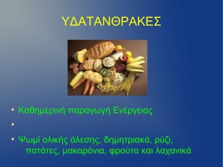 ΥΔΑΤΑΝΘΡΑΚΕΣ




●
    Καθημερινή παραγωγή Ενέργειας
●


●
    Ψωμί ολικής άλεσης, δημητριακά, ρύζι,
     πατάτες, μακαρόνια, φρούτα και λαχανικά
 