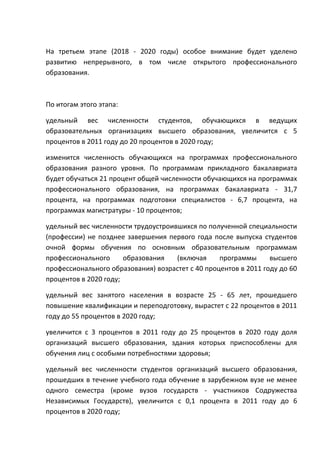 На третьем этапе (2018 - 2020 годы) особое внимание будет уделено
развитию непрерывного, в том числе открытого профессионального
образования.



По итогам этого этапа:

удельный вес численности студентов, обучающихся в ведущих
образовательных организациях высшего образования, увеличится с 5
процентов в 2011 году до 20 процентов в 2020 году;

изменится численность обучающихся на программах профессионального
образования разного уровня. По программам прикладного бакалавриата
будет обучаться 21 процент общей численности обучающихся на программах
профессионального образования, на программах бакалавриата - 31,7
процента, на программах подготовки специалистов - 6,7 процента, на
программах магистратуры - 10 процентов;

удельный вес численности трудоустроившихся по полученной специальности
(профессии) не позднее завершения первого года после выпуска студентов
очной формы обучения по основным образовательным программам
профессионального      образования   (включая     программы      высшего
профессионального образования) возрастет с 40 процентов в 2011 году до 60
процентов в 2020 году;

удельный вес занятого населения в возрасте 25 - 65 лет, прошедшего
повышение квалификации и переподготовку, вырастет с 22 процентов в 2011
году до 55 процентов в 2020 году;

увеличится с 3 процентов в 2011 году до 25 процентов в 2020 году доля
организаций высшего образования, здания которых приспособлены для
обучения лиц с особыми потребностями здоровья;

удельный вес численности студентов организаций высшего образования,
прошедших в течение учебного года обучение в зарубежном вузе не менее
одного семестра (кроме вузов государств - участников Содружества
Независимых Государств), увеличится с 0,1 процента в 2011 году до 6
процентов в 2020 году;
 