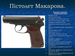 Пістолет Макарова.
                      Тактико-технічні
                       характеристики:
              Калібр 9 мм
              Патрон 9х18 мм
              Довжина пістолета 161 мм
              Висота пістолета 126,75 мм
              Довжина ствола 93 мм
              Довжина прицільної лінії 130
               мм
              Вага зі спорядженим магазином
               810 г
              Вага патрона 10 г
              Вага кулі 6,1 г
              Довжина патрона 25 мм
              Зусилля на спусковий гачок 1.5-
               3,5 кг
              Кількість нарізів 4,
               правосторонні
              Місткість магазина 8 патронів
              Бойова скорострільність 30
               пострхв
              Початкова швидкість кулі 315
               мс
              Відстань найбільш ефективного
               вогню до 50 м
              Вбивча сила кулі зберігається на
               відстані до 350 м
 