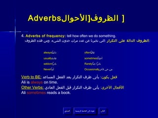 ‫] الظروف] الحوال ‪Adverbs‬‬

‫.‪4. Adverbs of frequency: tell how often we do something‬‬
  ‫: الظروف الدالة على التكرار :التي تخبرنا عن عدد مرات حدوث الشيء. ومن هذه الظروف‬


             ‫دائما‪always‬‬                         ‫غالبا‪often‬‬

             ‫عادة‪usually‬‬                         ‫أحيانا‪sometimes‬‬

             ‫نادرا‪seldom‬‬                         ‫نادرا جدا‪Rarely‬‬

             ‫أبدا‪Never‬‬                           ‫من حي لخر‪Occasionally‬‬


‫فعل يكون: يأتي ظرف التكرار بعد الفعل المساعد :‪Verb to BE‬‬
‫.‪Ali is always on time‬‬
‫الفعال الخرى: يأتي ظرف التكرار قبل الفعل العادي :‪Other Verbs‬‬
‫.‪Ali sometimes reads a book‬‬



                           ‫السابق‬    ‫عودة إلى القائمة الرئيسية‬     ‫التالي‬
                            ‫السابق‬     ‫عودة إلى القائمة الرئيسية‬    ‫التالي‬
 