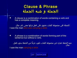 Clause & Phrase
              ‫الجملة و شبه الجملة‬
    A clause is a combination of words containing a verb and
     has a complete meaning.

       ‫: الجملة هي مجموعة كلمات تحتوي على فعل و لها معنى تام. مثال‬
I saw the man who was carrying a stick.


    A phrase is a combination of words forming part of the
     sentence but without a verb.

    .‫شبه الجملة عبارة عن مجموعة كلمات تكون جزءا من الجملة بدون فعل‬
                                                           ‫:مثال‬
I saw the man carrying a stick.


                       ‫السابق‬    ‫عودة إلى القائمة الرئيسية‬
                        ‫السابق‬     ‫عودة إلى القائمة الرئيسية‬
 