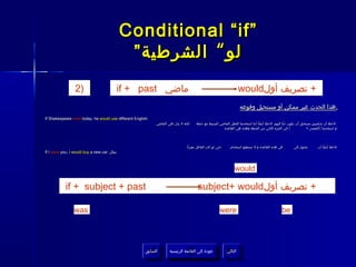 ‫”‪Conditional “if‬‬
                                               ‫لو “ الشرطية ”‬
                 ‫)2‬                       ‫ماضي ‪if + past‬‬                                                          ‫+ تصريف أول‪would‬‬
                                                                                                                     ‫.هذا الحدث غير ممكن أو مستحيل وقوعه‬
‫.‪If Shakespeare lived today, he would use different English‬‬
                                                              ‫لكنه ل يدل على الماضي‬    ‫. لحظ أن شكسبير مستحيل أن يكون حيا اليوم. لحظ أيضا أننا استخدمنا الفعل الماضي البسيط مع جملة‬
                                                                                                        ‫( في الجزء الثاني من الجملة وهذه هي القاعدة‬              ‫:و استخدمنا )المصدر +‬
                                                                                                                                                                                    ‫:و‬




                                                                                 ‫حتى لو كان الفاعل مفردا‬     ‫في هذه القاعدة و ل نستطيع استخدام‬          ‫تتحول إلى‬       ‫.لحظ أيضا أن‬
                                                                                                                                                                                ‫.لحظ‬
‫:مثال .‪If I were you, I would buy a new car‬‬
                                      ‫:مثال‬



                                                                                                                ‫‪would‬‬

            ‫‪if + subject + past‬‬                                                         ‫+ تصريف أول‪subject+ would‬‬

                 ‫‪was‬‬                                                                                  ‫‪were‬‬                                      ‫‪be‬‬




                                                         ‫السابق‬       ‫عودة إلى القائمة الرئيسية‬            ‫التالي‬
                                                          ‫السابق‬        ‫عودة إلى القائمة الرئيسية‬           ‫التالي‬
 