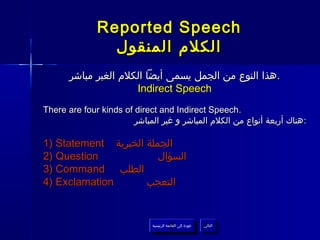 ‫‪Reported Speech‬‬
                ‫الكلم المنقول‬
       ‫.هذا النوع من الجمل يسمى أيضا الكلم الغير مباشر‬
                      ‫‪Indirect Speech‬‬
‫.‪There are four kinds of direct and Indirect Speech‬‬
                        ‫: هناك أربعة أنواع من الكلم المباشر و غير المباشر‬

‫الجملة الخبرية ‪1) Statement‬‬
‫‪2) Question‬‬             ‫السؤال‬
‫الطلب ‪3) Command‬‬
‫‪4) Exclamation‬‬       ‫التعجب‬


                              ‫عودة إلى القائمة الرئيسية‬     ‫التالي‬
                                ‫عودة إلى القائمة الرئيسية‬    ‫التالي‬
 