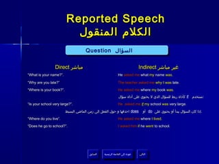 Reported Speech
                           ‫الكلم المنقول‬
                                     Question ‫السؤال‬
                                     Question ‫السؤال‬

                 Direct ‫مباشر‬                                                  Indirect ‫غير مباشر‬
“What is your name?”.                                        He asked me what my name was.

“Why are you late?”                                          The teacher asked me why I was late.

“Where is your book?”.                                       He asked me where my book was.
                                                              ‫ كأداة ربط للسؤال الذي ل يحتوي على أداة سؤال‬if      ‫:تستخدم‬

“Is your school very large?”.                                He asked me if my school was very large.

                         ‫ احذفها و حول الفعل إلى زمن الماضي البسيط‬does            ‫ أو‬do ‫.إذا كان السؤال يبدأ أو يحتوي على‬

“Where do you live”.                                         He asked me where I lived.

“Does he go to school?”.                                     I asked him if he went to school.




                                       ‫السابق‬    ‫عودة إلى القائمة الرئيسية‬     ‫التالي‬
                                        ‫السابق‬     ‫عودة إلى القائمة الرئيسية‬    ‫التالي‬
 