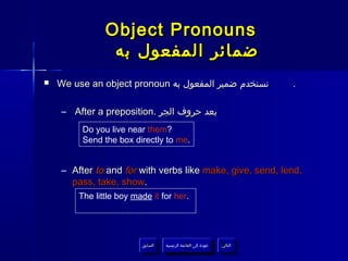 Object Pronouns
                ‫ضمائر المفعول به‬
   We use an object pronoun ‫نستخدم ضمير المفعول به‬                        .

    – After a preposition. ‫بعد حروف الجر‬
         Do you live near them?
         Send the box directly to me.


    – After to and for with verbs like make, give, send, lend,
      pass, take, show.
        The little boy made it for her.




                         ‫السابق‬    ‫عودة إلى القائمة الرئيسية‬     ‫التالي‬
                          ‫السابق‬     ‫عودة إلى القائمة الرئيسية‬    ‫التالي‬
 