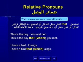 ‫‪Relative Pronouns‬‬
              ‫ضمائر الوصل‬
        ‫‪That‬‬
        ‫‪That‬‬   ‫] للعاقل و غير العاقل الفاعل أو المفعول به‬
                ‫] للعاقل و غير العاقل الفاعل أو المفعول به‬
                                                                  ‫] ] الذي، التي‬
                                                                  ‫الذي، التي‬

 ‫تستعمل ‪ that‬لتحل محل الفاعل أو المفعول به العاقل و غير‬
   ‫:عاقل أي تحل محل أي أداة سبق شرحها. لحظ المثلة التالية‬

‫.‪This is the boy. You met her‬‬
‫.‪This is the boy that (whom) you met‬‬

‫.‪I have a bird. It sings‬‬
‫.‪I have a bird that (which) sings‬‬


                          ‫السابق‬    ‫عودة إلى القائمة الرئيسية‬       ‫التالي‬
                           ‫السابق‬     ‫عودة إلى القائمة الرئيسية‬      ‫التالي‬
 