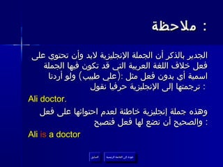 ‫: ملحظة‬

 ‫الجدير بالذكر أن الجملة النجليزية لبد وأن تحتوي على‬
     ‫فعل خلف اللغة العربية التي قد تكون فيها الجملة‬
       ‫اسمية أي بدون فعل مثل :)علي طبيب( ولو أردنا‬
                   ‫: ترجمتها إلى النجليزية حرفيا نقول‬
‫.‪Ali doctor‬‬
    ‫وهذه جملة إنجليزية خاطئة لعدم احتوائها على فعل‬
                     ‫: والصحيح أن نضع لها فعل فتصبح‬
‫‪Ali is a doctor‬‬

                  ‫السابق‬    ‫عودة إلى القائمة الرئيسية‬
                   ‫السابق‬     ‫عودة إلى القائمة الرئيسية‬
 
