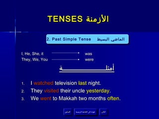 TENSES ‫الزمنة‬

             2. Past Simple Tense                            ‫الماضي البسيط‬


I, He, She, it                             was
They, We, You                              were

                  ‫أمثلــــــــــــــــــــــة‬

1.   I watched television last night.
2.   They visited their uncle yesterday.
3.   We went to Makkah two months often.

                     ‫السابق‬    ‫عودة إلى القائمة الرئيسية‬      ‫التالي‬
                      ‫السابق‬     ‫عودة إلى القائمة الرئيسية‬     ‫التالي‬
 