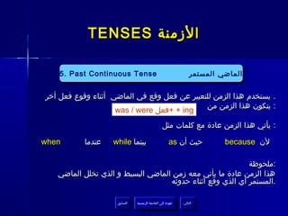 ‫الزمنة ‪TENSES‬‬

    ‫الماضي المستمر ‪5. Past4. Continuous Tense Tense‬‬
              ‫‪Present Continuous‬‬
     ‫‪5. Past Continuous Tense‬‬         ‫الماضي المستمر‬
           ‫المضارع المستمر‬
‫. يستخدم هذا الزمن للتعبير عن فعل وقع في الماضي أثناء وقوع فعل أخر‬
                                             ‫: يتكون هذا الزمن من‬
                    ‫‪+ + ing‬فعل ‪was / were‬‬
                                                ‫: يأتي هذا الزمن عادة مع كلمات مثل‬

‫‪when‬‬       ‫عندما‬   ‫بينما ‪while‬‬                      ‫حيث أن ‪as‬‬         ‫لن ‪because‬‬

                                                           ‫:ملحوظة‬
   ‫هذا الزمن عادة ما يأتي معه زمن الماضي البسيط و الذي تخلل الماضي‬
                                   ‫.المستمر أي الذي وقع أثناء حدوثه‬

                    ‫السابق‬    ‫عودة إلى القائمة الرئيسية‬     ‫التالي‬
                     ‫السابق‬     ‫عودة إلى القائمة الرئيسية‬    ‫التالي‬
 