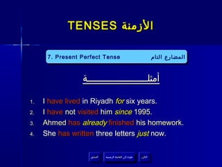 TENSES ‫الزمنة‬

      7. Present Perfect Tense
       7. Present Perfect Tense                                       ‫المضارع التام‬
                                                                      ‫المضارع التام‬


                 ‫أمثلــــــــــــــــــــــة‬

1.   I have lived in Riyadh for six years.
2.   I have not visited him since 1995.
3.   Ahmed has already finished his homework.
4.   She has written three letters just now.

                    ‫السابق‬    ‫عودة إلى القائمة الرئيسية‬     ‫التالي‬
                     ‫السابق‬     ‫عودة إلى القائمة الرئيسية‬    ‫التالي‬
 