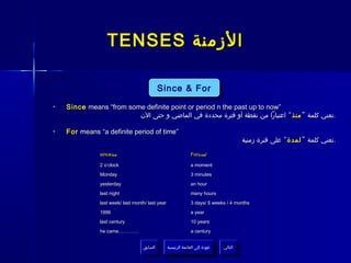 TENSES ‫الزمنة‬

                                          Since & For
                                          Since & For
•   Since means “from some definite point or period n the past up to now”
                         ‫.تعني كلمة ” منذ“ اعتبارا من نقطة أو فترة محددة في الماضي و حتى الن‬

•   For means “a definite period of time”
                                                                                          ‫.تعني كلمة ” لمدة“ على فترة زمنية‬

               since‫منذ‬                                        For‫لمدة‬

               2 o’clock                                       a moment
               Monday                                          3 minutes
               yesterday                                       an hour
               last night                                      many hours
               last week/ last month/ last year                3 days/ 5 weeks / 4 months
               1996                                            a year
               last century                                    10 years
               he came…………                                     a century


                                   ‫السابق‬         ‫عودة إلى القائمة الرئيسية‬     ‫التالي‬
                                    ‫السابق‬          ‫عودة إلى القائمة الرئيسية‬    ‫التالي‬
 