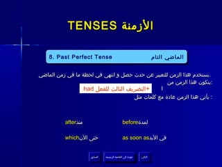 ‫الزمنة ‪TENSES‬‬

          ‫‪4. Present Continuous Tense‬‬
    ‫‪8. Past Perfect Tense‬‬                                              ‫الماضي التام‬
     ‫‪8. Past Perfect Tense‬‬                                             ‫الماضي التام‬
          ‫المضارع المستمر‬
‫. يستخدم هذا الزمن للتعبير عن حدث حصل و انتهى في لحظة ما في زمن الماضي‬
                                                  ‫:يتكون هذا الزمن من‬
                  ‫+التصريف الثالث للفعل ‪had‬‬    ‫‪I‬‬
                                                         ‫: يأتي هذا الزمن عادة مع كلمات مثل‬



          ‫منذ‪after‬‬                            ‫لمدة‪before‬‬

          ‫حتى الن‪which‬‬                        ‫في البد‪as soon as‬‬


                     ‫السابق‬    ‫عودة إلى القائمة الرئيسية‬     ‫التالي‬
                      ‫السابق‬     ‫عودة إلى القائمة الرئيسية‬    ‫التالي‬
 