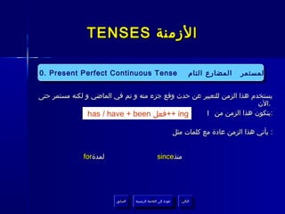 ‫الزمنة ‪TENSES‬‬

             ‫‪4. Present Continuous Tense‬‬
‫‪10. Present Perfect Continuous Tense‬‬
 ‫المستمر المضارع التام ‪10. Present Perfect Continuous Tense‬‬
                                         ‫المستمر المضارع التام‬
              ‫المضارع المستمر‬
‫يستخدم هذا الزمن للتعبير عن حدث وقع جزء منه و تم في الماضي و لكنه مستمر حتى‬
                                                                       ‫.الن‬
                ‫‪++ ing‬فعل ‪has / have + been‬‬         ‫:يتكون هذا الزمن من ‪I‬‬

                                                            ‫: يأتي هذا الزمن عادة مع كلمات مثل‬


              ‫لمدة‪for‬‬                            ‫منذ‪since‬‬




                        ‫السابق‬    ‫عودة إلى القائمة الرئيسية‬     ‫التالي‬
                         ‫السابق‬     ‫عودة إلى القائمة الرئيسية‬    ‫التالي‬
 