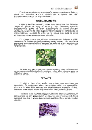 Είδη και καλλιέργεια βοτάνων

      Γενικότερα τα φύλλα της αρμπαρόριζας χρησιμοποιούνται σε διάφορα
γλυκά, στα λουκούμια και στα παγωτά για το άρωμα τους αλλά
χρησιμοποιούνται ακόμα και στην οινοποιεία.

                          ΤΙΛΙΟ ή ΦΛΑΜΟΥΡΙ
      Δένδρο φυλλοβόλο πολυετές, ανήκει στην οικογένεια των Tiliaceae,
μπορεί να φθάσει σε ύψος τα 15-25 μ. Έχει καρδιοειδή πριονωτά
σκουροπράσινα φύλλα και άνθη ανοιχτοκίτρινα με γλυκιά μυρωδιά,
μελιτογώνα, κρεμαστά τα οποία εμφανίζονται στις αρχές του καλοκαιριού και
κιτρινοπράσινους καρπούς. Τα άνθη και τα φύλλα είναι αυτά τα οποία
χρησιμοποιούνται για φαρμακευτικούς σκοπούς.

       Για τις θεραπευτικές τους ιδιότητες είναι γνωστά τα άνθη και τα φύλλα
του δέντρου τα οποία περιέχουν μαλακτικές ουσίες, πτητικά έλαια πλούσια σε
φαρνεζόλη, διάφορα γλουκονικά, σάκχαρα, στυπτικά και ουσίες παρόμοιες με
την βιταμίνη Ε.




       Τα άνθη της φλαμουριάς συλλέγονται αμέσως μόλις ανθίσουν γιατί
αργότερα αναπτύσσουν ναρκωτικές ιδιότητες. Τέλος, δίνει λάμψη σε ξηρά και
ευαίσθητα μαλλιά.

                               ΛΕΒΑΝΤΑ

       Η λεβάντα είναι γένος φυτών που ανήκει στην οικογένεια των
Χειλανθών . Το γνωστότερο γένος είναι η λαβαντούλα, που περιλαμβάνει
γύρω στα 25 είδη. Είναι ιθαγενές των παραμεσόγειων περιοχών. Επίσης,
απαντάται στα Κανάρια Νησιά, στην Ινδία και σε άλλες ασιατικές χώρες.

      Το αιθέριο έλαιο της λεβάντας χρησιμοποιείται στην αρωματοποιία, τη
σαπωνοποιία και στη φαρμακευτική ως τονωτικό και αντικαταρροϊκό. Κύριο
συστατικό του είναι η χημική ένωση οξικό λιναλύλιο. Εκτός αυτού, περιέχει
αλκοόλες.




                                                                           16
 