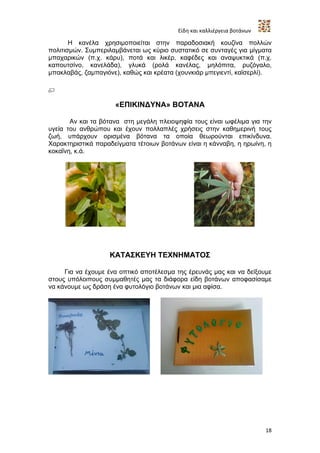 Είδη και καλλιέργεια βοτάνων

       Η κανέλα χρησιμοποιείται στην παραδοσιακή κουζίνα πολλών
πολιτισμών. Συμπεριλαμβάνεται ως κύριο συστατικό σε συνταγές για μίγματα
μπαχαρικών (π.χ. κάρυ), ποτά και λικέρ, καφέδες και αναψυκτικά (π.χ.
καπουτσίνο, κανελάδα), γλυκά (ρολά κανέλας, μηλόπιτα, ρυζόγαλο,
μπακλαβάς, ζαμπαγιόνε), καθώς και κρέατα (χουνκιάρ μπεγιεντί, καϊσερλί).




                     «ΕΠΙΚΙΝΔΥΝΑ» ΒΟΤΑΝΑ

       Αν και τα βότανα στη μεγάλη πλειοψηφία τους είναι ωφέλιμα για την
υγεία του ανθρώπου και έχουν πολλαπλές χρήσεις στην καθημερινή τους
ζωή, υπάρχουν ορισμένα βότανα τα οποία θεωρούνται επικίνδυνα.
Χαρακτηριστικά παραδείγματα τέτοιων βοτάνων είναι η κάνναβη, η ηρωίνη, η
κοκαΐνη, κ.ά.




                   ΚΑΤΑΣΚΕΥΗ ΤΕΧΝΗΜΑΤΟΣ

     Για να έχουμε ένα οπτικό αποτέλεσμα της έρευνάς μας και να δείξουμε
στους υπόλοιπους συμμαθητές μας τα διάφορα είδη βοτάνων αποφασίσαμε
να κάνουμε ως δράση ένα φυτολόγιο βοτάνων και μια αφίσα.




                                                                        18
 