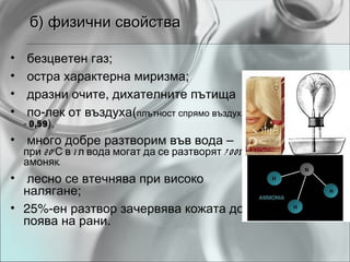 б) физични свойства

•    безцветен газ;
•    остра характерна миризма;
•    дразни очите, дихателните пътища
•    по-лек от въздуха(плътност спрямо въздуха
    - 0,59 ),
• много добре разтворим във вода –
    при 2 0 0 С в 1 л вода могат да се разтворят 7 0 0 л
    амоняк.
• лесно се втечнява при високо
  налягане;
• 25%-ен разтвор зачервява кожата до
  поява на рани.
 