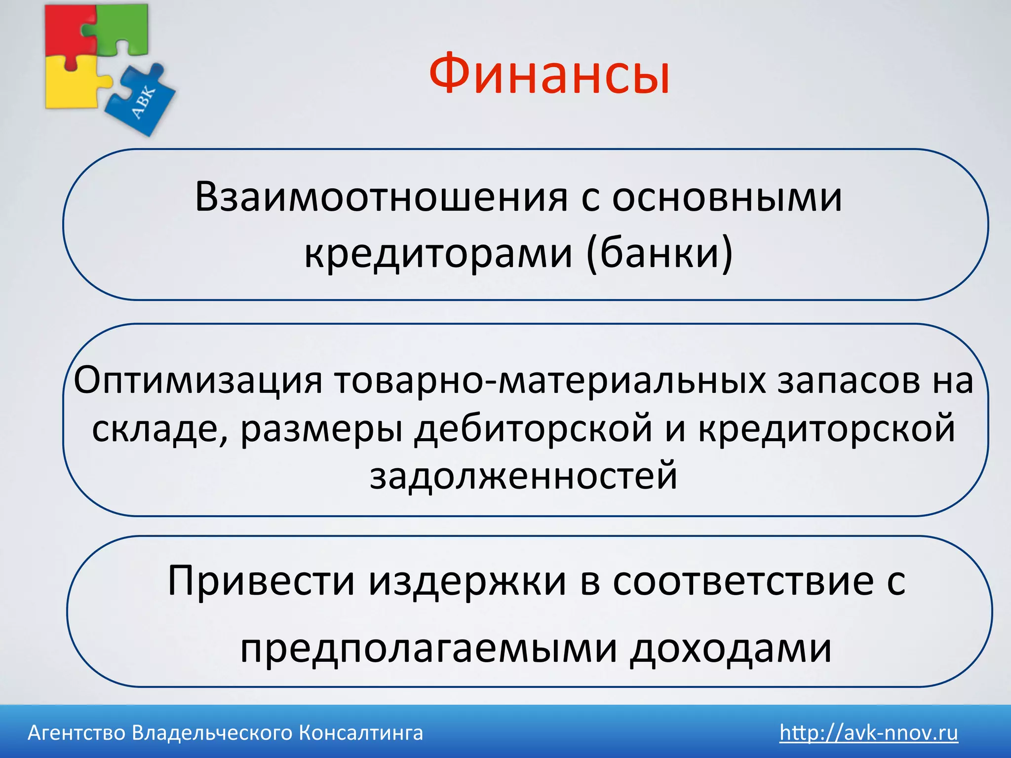 Финансы
                 Взаимоотношения	
  с	
  основными	
  
                     кредиторами	
  (банки)

    Оптимизация	
  товарно-­‐материальных	
  запасов	
  на	
  
     складе,	
  размеры	
  дебиторской	
  и	
  кредиторской	
  
                      задолженностей

              Привести	
  издержки	
  в	
  соответствие	
  с	
  
                 предполагаемыми	
  доходами
Агентство	
  Владельческого	
  Консалтинга             h4p://avk-­‐nnov.ru
 