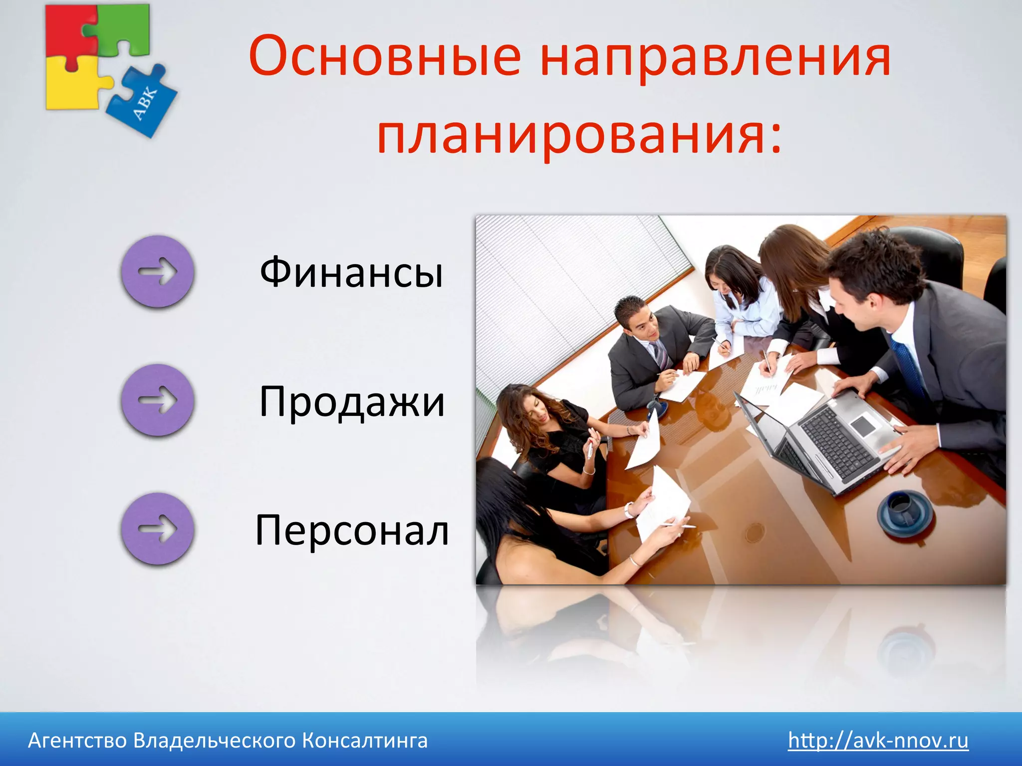 Основные	
  направления	
  
                          планирования:

                        Финансы

                        Продажи

                       Персонал



Агентство	
  Владельческого	
  Консалтинга   h4p://avk-­‐nnov.ru
 