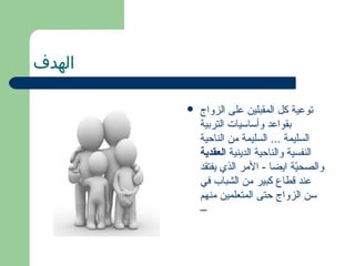 ‫اʤدفĬ

        ‫‪‬‬   ‫توعية كل المقبلين على الزواج‬
            ‫بقواعد وأساسيات التربية‬
            ‫السليمة ... السليمة من الناحية‬
            ‫النفسية والناحية الدينية العقدية‬
            ‫والصحية ايضا - المر الذي يفتقد‬
                                       ‫ةّ‬
            ‫عند قطاع كبير من الشباب في‬
            ‫سن الزواج حتى المتعلمين منهم‬
            ‫–‬
 