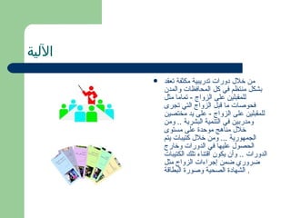 ‫اʤʤةĬ
        ‫‪‬‬   ‫من خل ل دورات تدريبية مكثفة تعقد‬
            ‫بشكل منتظم في كل المحافظات والمدن‬
            ‫للمقبلين على الزواج - تماما مثل‬
            ‫فحوصات ما قبل الزواج التي تجرى‬
            ‫للمقبلين على الزواج - على يد مختصين‬
            ‫ومدربين في التنمية البشرية .. ومن‬
            ‫خل ل مناهج موحدة على مستوى‬
            ‫الجمهورية ... ومن خل ل كتيبات يتم‬
            ‫الحصو ل عليها في الدورات وخارج‬
            ‫الدورات .. وأن يكون اقتناء تلك الكتيبات‬
            ‫ضروري ضمن إجراءات الزواج مثل‬
            ‫. الشهادة الصحية وصورة البطاقة‬
 