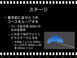 ステージ
     • 基本的にはひとつの
       コースをループする
      – コースは全長 500m の
        ものを制作
      – これをつなげていくこ
        とでステージにする
          • 今回は１レベル 3000m
            にしたので 3000m と前
            後 3500m くらい


>>    0    >>   1   >>   2   >>   3   >>   4   >>
 