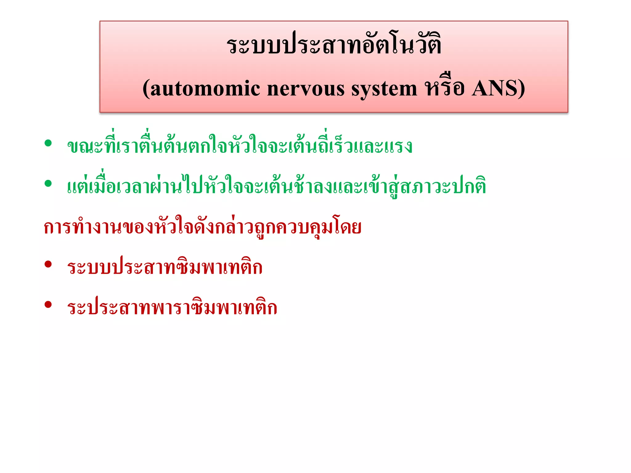 ระบบประสาทอัตโนวัติ
             (automomic nervous system หรือ ANS)
• ขณะทีเ่ ราตื่นต้ นตกใจหัวใจจะเต้ นถี่เร็วและแรง
• แต่ เมื่อเวลาผ่ านไปหัวใจจะเต้ นช้ าลงและเข้ าสู่ สภาวะปกติ
การทางานของหัวใจดังกล่าวถูกควบคุมโดย
• ระบบประสาทซิมพาเทติก
• ระประสาทพาราซิมพาเทติก
 