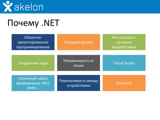 Почему .NET
     Объектно-                             Инсталляция с
  ориентированное      Хороший дизайн        нулевым
 программирование                          воздействием


                       Независимость от
  Разделение кода                          Visual Studio
                            языка


  Огромный набор
                     Переносимость между
 фреймворков: WCF,                           Microsoft
                         устройствами
      WWF…
 