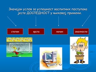 Значајан услов за успешност васпитних поступака
     јесте ДОСЛЕДНОСТ у њиховој примени.




 степен       врста         начин      околности
 