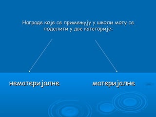 Награде које се примењују у школи могу се
          поделити у две категорије:




нематеријалне               материјалне
 