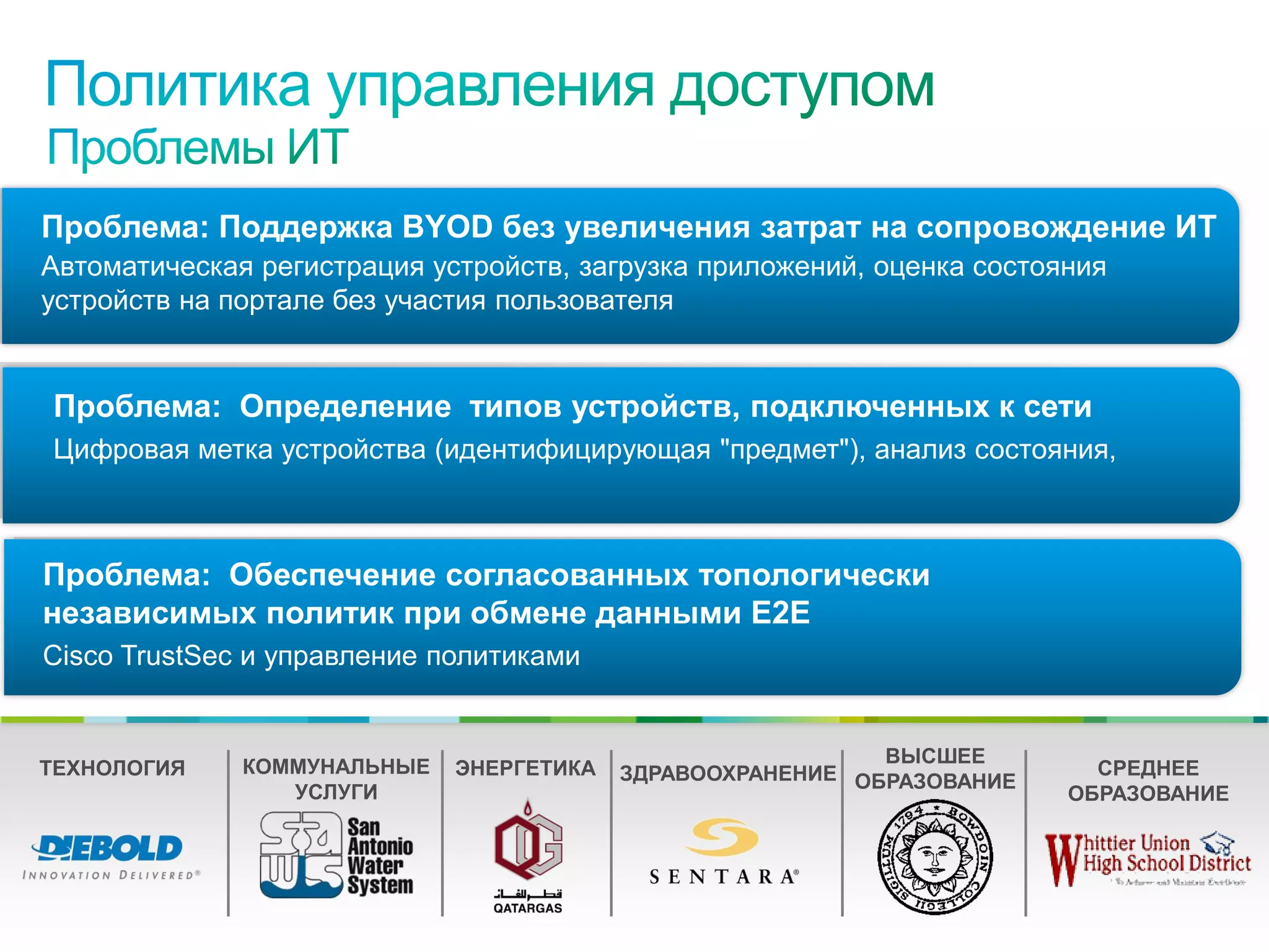 Проблема:(«принеси свое собственное устройство»)
  BYOD Поддержка BYOD без увеличения затрат на сопровождение ИТ
Автоматическая производительности, загрузкастоимость, дополнительная
  Повышение регистрация устройств, низкая приложений, оценка состояния
устройств на портале без участия пользователя
  защита

 Проблема: Определение типов устройств, подключенных к сети
  Управление безопасным доступом – подключение устройств
 Цифровая метка устройства (идентифицирующая "предмет"), анализ состояния,
  Прозрачность устройств (профилирование), оценка состояния, управление
    с учетом контекста, аутентификация, авторизация, учет (AAA)

Проблема: Обеспечение согласованных топологически
  Единообразная общесетевая политика управления
независимых политик при обмене данными E2E
Cisco TrustSec и разграничением доступа
  Управление управление политиками


                                                                                                            ВЫСШЕЕ
ТЕХНОЛОГИЯ                          КОММУНАЛЬНЫЕ                             ЭНЕРГЕТИКА   ЗДРАВООХРАНЕНИЕ ОБРАЗОВАНИЕ             СРЕДНЕЕ
                                       УСЛУГИ                                                                                   ОБРАЗОВАНИЕ




© Компания Cisco и (или) ее дочерние компании, 2010 г. Все права защищены.                                        Конфиденциальная информация Cisco   3
 