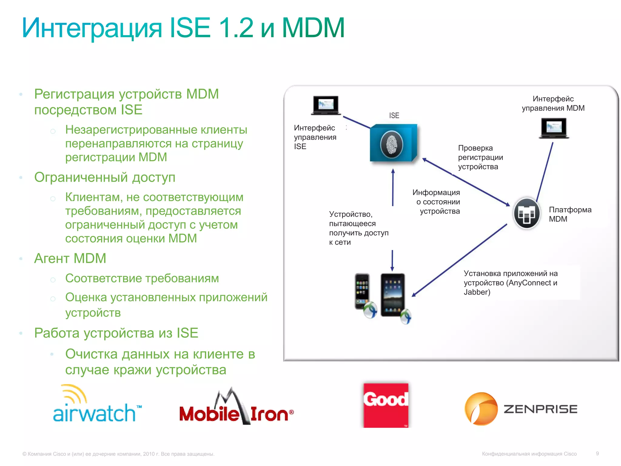 • Регистрация устройств MDM                                                                                                               Интерфейс
    посредством ISE                                                                                                                    управления MDM

          o Незарегистрированные клиенты                                     Интерфейс
                                                                             управления
                перенаправляются на страницу                                 ISE                                  Проверка
                регистрации MDM                                                                                   регистрации
                                                                                                                  устройства
• Ограниченный доступ
                                                                                                       Информация
          o Клиентам, не соответствующим                                                                о состоянии
                требованиям, предоставляется                                         Устройство,         устройства                              Платформа
                                                                                                                                                 MDM
                ограниченный доступ с учетом                                         пытающееся
                                                                                     получить доступ
                состояния оценки MDM                                                 к сети

• Агент MDM
                                                                                                                      Установка приложений на
          o Соответствие требованиям                                                                                  устройство (AnyConnect и
                                                                                                                      Jabber)
          o Оценка установленных приложений
                устройств c
• Работа устройства из ISE
          • Очистка данных на клиенте в
                случае кражи устройства




© Компания Cisco и (или) ее дочерние компании, 2010 г. Все права защищены.                                                Конфиденциальная информация Cisco   9
 