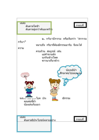 เฉลย
        ต้นตาลโตช้า                               กรอบที่
        ต้นตาลสูงกว่าต้นมะพร้าว


                     ๒. กริย ามีก รรม หรือเรียกว่า “สกรรม
กริย า ”
                หมายถึง กริยาที่ต้องมีกรรมมารับ จึงจะได้
ความ
                ครบถ้วน สมบูรณ์ เช่น
                    แม่ค้าขายผัก
                    นกกินข้าวโพด
                    ชาวนาเกี่ยวข้าว


                                         น้องหมีป่า
                                    ศึกษาต่อไปเลยนะคะ
       ค่ะ




 จงพิจารณาประโยค ประโยคใดใช้กริยามีกรรม
    คุณพ่อขี่ม้า
    น้องเล่นกับแมว



 เฉลย
    ต้นตาลมีประโยชน์หลายอย่าง                     กรอบที่
 