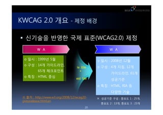 KWCAG 2.0 ?? - ?? ??

 ???? ??? ?? ??(WCAG2.0) ??
          WC 10
            AG .                                   WC 20
                                                     AG .

  o ?? : 1999? 5?                           o ?? : 2008? 12?
  o ?? : 14? ?????,           ??? ??
                               (lex
                               F ible)      o ?? : 4? ??, 12?
          65? ?????               +
                             ????? ??               ?????, 61?
  o ?? : HTML ??
                              (esta
                               T    ble)            ????
                                            o ?? : HTML, RIA ?
                                                    ??? ??
  ?? : http://www.w3.org/2008/12/wcag20-    ???? ?? : ??? 1 : 25?,
 pressrelease.html.en
                                              ??? 2 : 13?, ??? 3 : 23?
                                       20
 