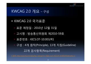 KWCAG 2.0 ?? C ??

 KWCAG 2.0 ????

    ?? ??? : 2010? 12? 31?

    ??? : ??????? ?2010-59?

    ???? : KICS.OT-10.003/R1

    ?? : 4? ??(Principle), 13? ??(Guideline)

                22? ????(Requirement)
 ??: http://www.tta.or.kr/data/ttas_view.jsp?rn=2&pk_num=KCS.OT-10.0003/R1&nowSu=1

                                              21
 
