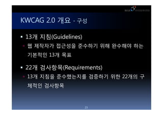 KWCAG 2.0 ?? - ??

 13? ??(Guidelines)
 ? ???? ???? ???? ?? ???? ??

  ???? 13? ??

 22? ????(Requirements)
 13? ??? ?????? ???? ?? 22?? ?

  ??? ????



                       23
 