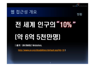 ? ??? ??                                                ??



 ? ?? ??? 10%

 (? 6? 5???)
 ( ?? : UN ENABLE Websites,

   http://www.un.org/disabilities/default.asp?id=18 )




                                    7
 