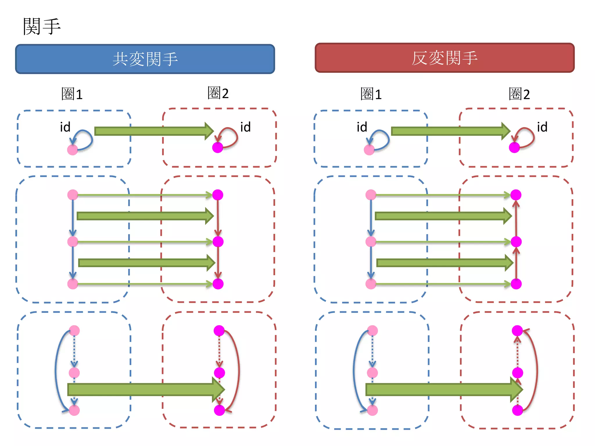 関手
      共変関手                  反変関手

 圏1          圏2        圏1          圏2

 id               id   id               id
 