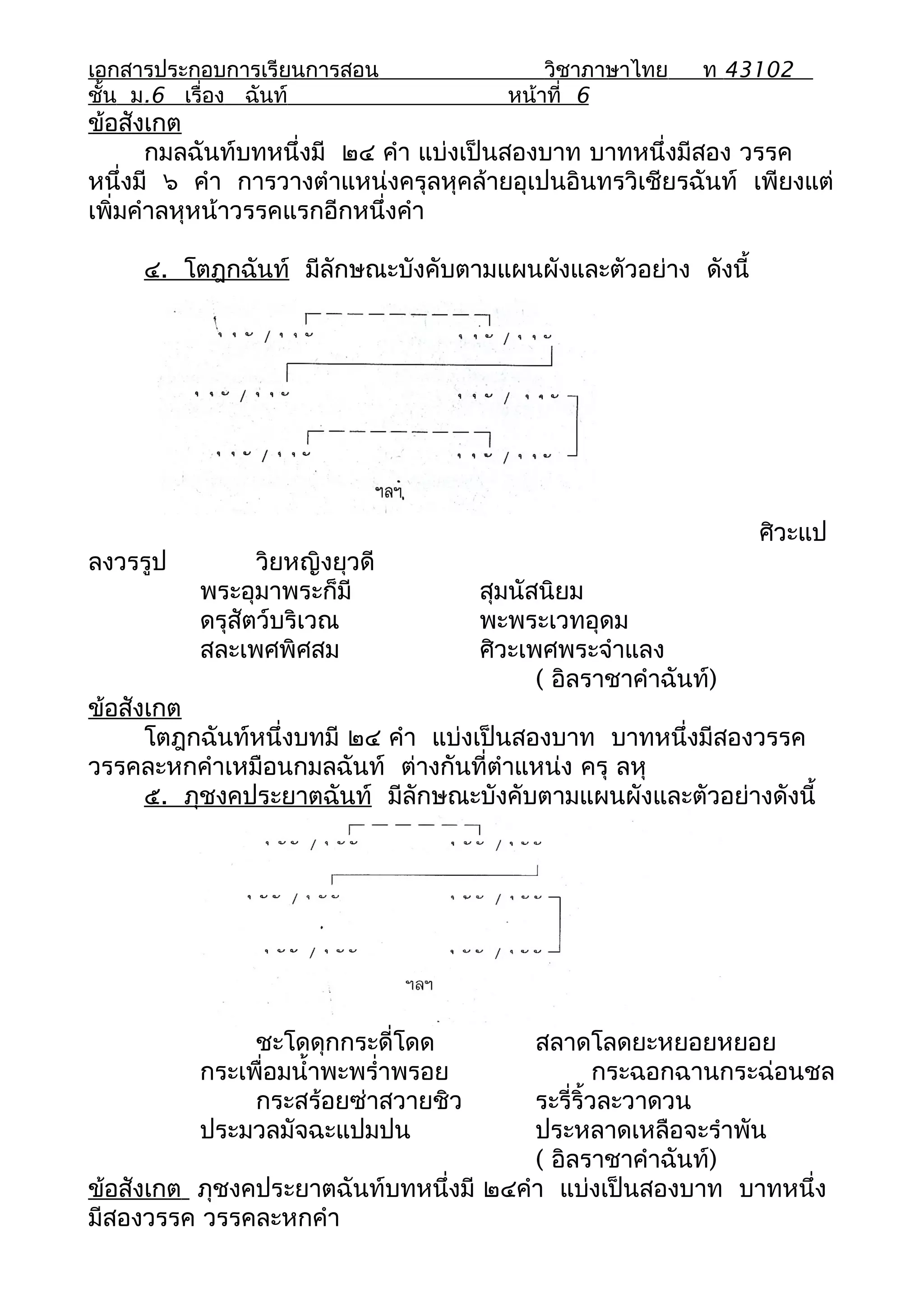 เอกสารประกอบการเรียนการสอน                 วิชาภาษาไทย     ท 43102
ชั้น ม.6 เรื่อง ฉันท์                  หน้าที่ 6
ข้อสังเกต
       กมลฉันท์บทหนึ่งมี ๒๔ คำา แบ่งเป็นสองบาท บาทหนึ่งมีสอง วรรค
หนึ่งมี ๖ คำา การวางตำาแหน่งครุลหุคล้ายอุเปนอินทรวิเชียรฉันท์ เพียงแต่
เพิ่มคำาลหุหน้าวรรคแรกอีกหนึ่งคำา

     ๔. โตฎกฉันท์ มีลักษณะบังคับตามแผนผังและตัวอย่าง ดังนี้




                                                                ศิวะแป
ลงวรรูป         วิยหญิงยุวดี
          พระอุมาพระก็มี             สุมนัสนิยม
          ดรุสัตว์บริเวณ             พะพระเวทอุดม
          สละเพศพิศสม                ศิวะเพศพระจำาแลง
                                           ( อิลราชาคำาฉันท์)
ข้อสังเกต
      โตฎกฉันท์หนึ่งบทมี ๒๔ คำา แบ่งเป็นสองบาท บาทหนึ่งมีสองวรรค
วรรคละหกคำาเหมือนกมลฉันท์ ต่างกันที่ตำาแหน่ง ครุ ลหุ
      ๕. ภุชงคประยาตฉันท์ มีลักษณะบังคับตามแผนผังและตัวอย่างดังนี้




               ชะโดดุกกระดี่โดด         สลาดโลดยะหยอยหยอย
          กระเพื่อมนำ้าพะพรำ่าพรอย               กระฉอกฉานกระฉ่อนชล
               กระสร้อยซ่าสวายชิว       ระรี่ริ้วละวาดวน
          ประมวลมัจฉะแปมปน              ประหลาดเหลือจะรำาพัน
                                        ( อิลราชาคำาฉันท์)
ข้อสังเกต ภุชงคประยาตฉันท์บทหนึ่งมี ๒๔คำา แบ่งเป็นสองบาท บาทหนึ่ง
มีสองวรรค วรรคละหกคำา
 