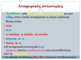 Αναθοπικέρ ανηωνςμίερ
  Σςνδέοςν μια δεςηεπεύοςζα ππόηαζη με μια
  λέξη, ζηην οποία αναθέρεηαι η κύρια πρόηαζη
  Ποιες είναι;
 πος
 ό,ηι
 ο οποίορ- η οποία- ηο οποίο
 όποιορ- α- ο
 όζορ- η- ο
Η αναθορική ανηωνσμία ό,ηι
  παίπνει πάνηα ςποδιαζηολή και ανηικαθίζηαηαι
από ηο οηιδήποηε
Ο ειδικός ζύνδεζμος όηι, δεν παίπνει ςποδιαζηολή
 