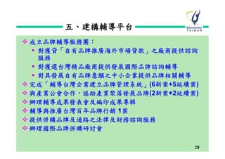 五、建構輔導平台
成立品牌輔導服務團：
 對獲貸「自有品牌推廣海外巿場貸款」之廠商提供諮詢
  服務
 對獲選台灣精品廠商提供發展國際品牌諮詢輔導
 對具發展自有品牌意願之中小企業提供品牌相關輔導
完成「輔導台灣企業建立品牌管理系統」(6新案+5延續案)
與產業公會合作，協助產業聚落發展品牌(2新案+2延續案)
辦理輔導成果發表會及編印成果專輯
輔導與推廣台灣百年品牌行銷 1案
提供併購品牌及通路之法律及財務諮詢服務
辦理國際品牌併購研討會

                            28
 