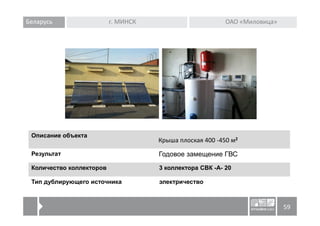 Беларусь                  г. МИНСК                        ОАО «Миловица»




 Описание объекта
                                     Крыша плоская 400 -450 м2
 Результат                           Годовое замещение ГВС
 Количество коллекторов              3 коллектора СВК -А- 20

 Тип дублирующего источника          электричество



                                                                           59
 