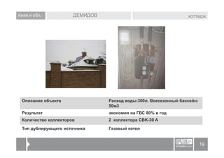 Киев и обл.           ДЕМИДОВ                                    коттедж




 Описание объекта               Расход воды:300л. Всесезонный бассейн:
                                50м3
 Результат                      экономия на ГВС 80% в год
 Количество коллекторов         2 коллектора CBK-30 A

 Тип дублирующего источника     Газовый котел


                                                                         19
 