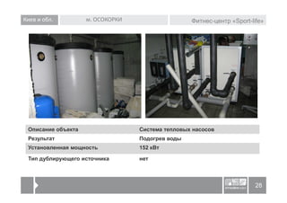 Киев и обл.         м. ОСОКОРКИ                   Фитнес-центр «Sport-life»




 Описание объекта                 Система тепловых насосов
 Результат                        Подогрев воды
 Установленная мощность           152 кВт

 Тип дублирующего источника       нет



                                                                        28
 