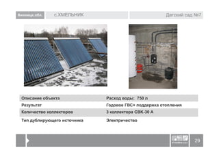 Винницк.обл.   с.ХМЕЛЬНИК                              Детский сад №7




 Описание объекта             Расход воды: 750 л
 Результат                    Годовое ГВС+ поддержка отопления
 Количество коллекторов       3 коллектора CBK-30 A

 Тип дублирующего источника   Электричество



                                                                  29
 