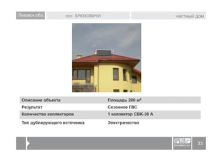 Львовск.обл.        пос. БРЮХОВИЧИ                          частный дом




 Описание объекта                    Площадь 200 м2
 Результат                           Сезонное ГВС
 Количество коллекторов              1 коллектор CBK-30 A

 Тип дублирующего источника          Электричество



                                                                    33
 