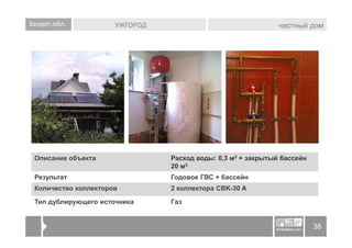 Закарп.обл.           УЖГОРОД                                 частный дом




 Описание объекта               Расход воды: 0,3 м3 + закрытый бассейн
                                20 м3
 Результат                      Годовое ГВС + бассейн
 Количество коллекторов         2 коллектора CBK-30 A

 Тип дублирующего источника     Газ


                                                                         38
 