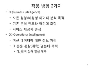 적용 방향 2가지
●
    BI (Business Intelligence)
    –   모든 정형/비정형 데이터 분석 목적
    –   기존 분석 인프라 혁신에 초점
    –   서비스 제공자 중심
●
    OI (Operational Intelligence)
    –   머신 데이터에 대한 정보 처리
    –   IT 운용 통찰(예측) 얻는데 목적
        ●
            예, 장비 장애 발생 예측



                                    6
 