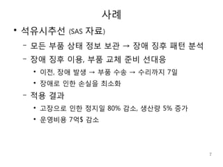 사례
●
    석유시추선        (SAS   자료)
    –   모든 부품 상태 정보 보관 → 장애 징후 패턴 분석
    –   장애 징후 이용, 부품 교체 준비 선대응
        ●
            이전, 장애 발생 → 부품 수송 → 수리까지 7일
        ●
            장애로 인한 손실을 최소화
    –   적용 결과
        ●
            고장으로 인한 정지일 80% 감소, 생산량 5% 증가
        ●
            운영비용 7억$ 감소




                                            7
 
