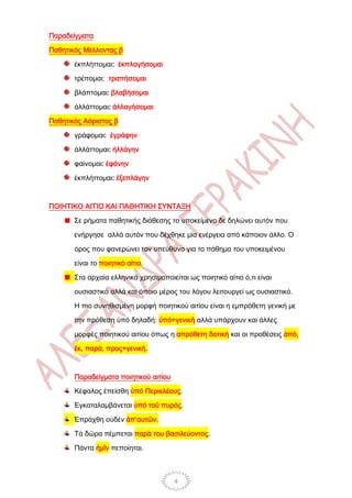 Παραδείγματα

Παθητικός Μέλλοντας β

       ἐκπλήττομαι: ἐκπλαγήσομαι

       τρέπομαι: τραπήσομαι

       βλάπτομαι: βλαβήσομαι

       ἀλλάττομαι: ἀλλαγήσομαι

Παθητικός Αόριστος β

       γράφομαι: ἐγράφην

       ἀλλάττομαι: ἠλλάγην

       φαίνομαι: ἐφάνην

       ἐκπλήττομαι: ἐξεπλάγην



ΠΟΙΗΤΙΚΟ ΑΙΤΙΟ ΚΑΙ ΠΑΘΗΤΙΚΗ ΣΥΝΤΑΞΗ

       Σε ρήματα παθητικής διάθεσης το υποκείμενο δε δηλώνει αυτόν που

       ενήργησε αλλά αυτόν που δέχθηκε μία ενέργεια από κάποιον άλλο. Ο

       όρος που φανερώνει τον υπεύθυνο για το πάθημα του υποκειμένου

       είναι το ποιητικό αίτιο.

       Στα αρχαία ελληνικά χρησιμοποιείται ως ποιητικό αίτιο ό,τι είναι

       ουσιαστικό αλλά και όποιο μέρος του λόγου λειτουργεί ως ουσιαστικό.

       Η πιο συνηθισμένη μορφή ποιητικού αιτίου είναι η εμπρόθετη γενική με

       την πρόθεση ὑπό δηλαδή: ὑπό+γενική αλλά υπάρχουν και άλλες

       μορφές ποιητικού αιτίου όπως η απρόθετη δοτική και οι προθέσεις ἀπό,

       ἐκ, παρά, προς+γενική.



       Παραδείγματα ποιητικού αιτίου

       Κέφαλος ἐπείσθη ὑπό Περικλέους.

       Ἐγκαταλαμβάνεται ὑπό τοῦ πυρός.

       Ἐπράχθη οὐδέν ἀπ’αυτῶν.

       Τὰ δῶρα πέμπεται παρὰ του βασιλεύοντος.

       Πάντα ἡμῖν πεποίηται.



                                       4
 